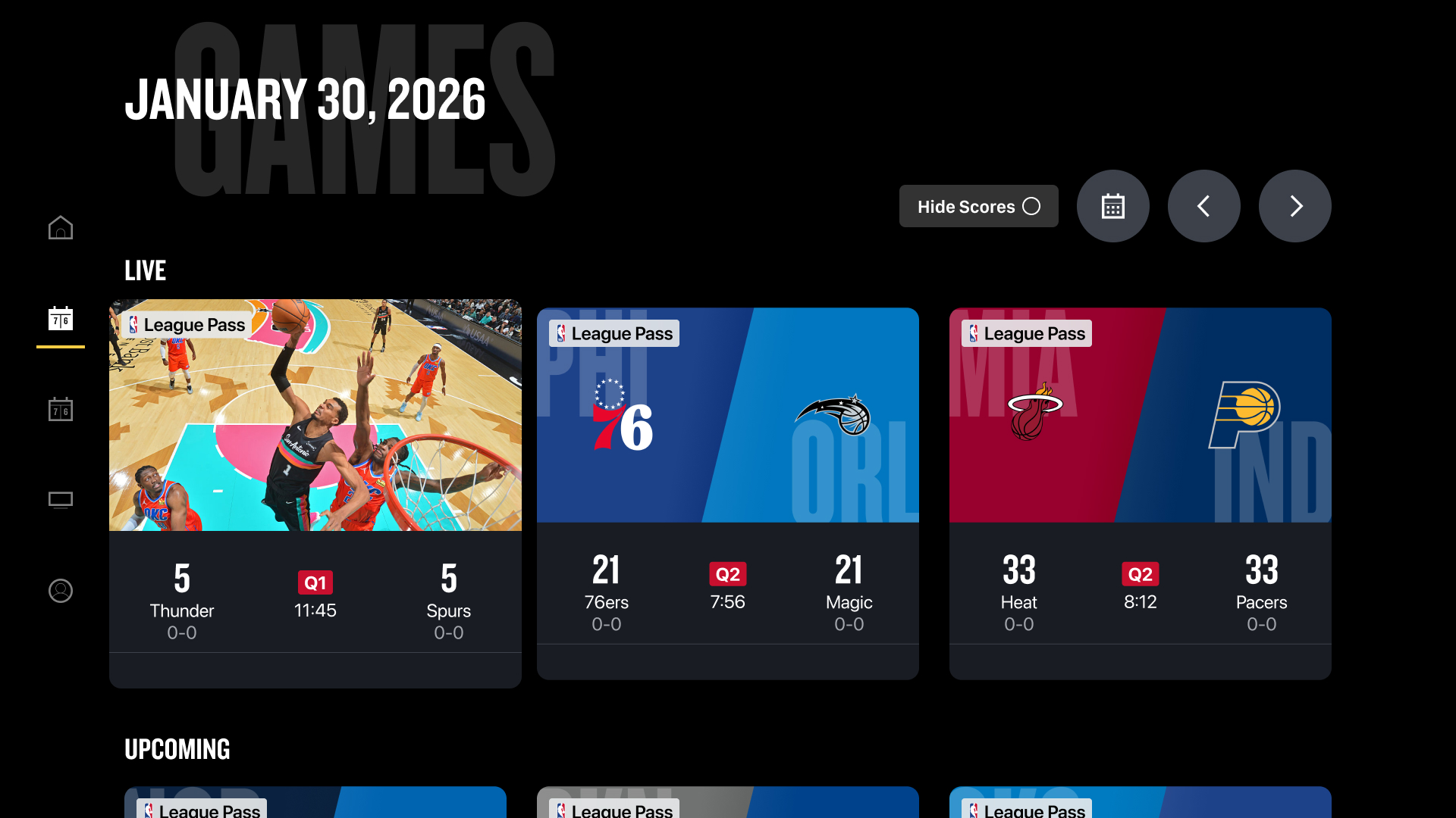 NBA Roku app live and upcoming game cards