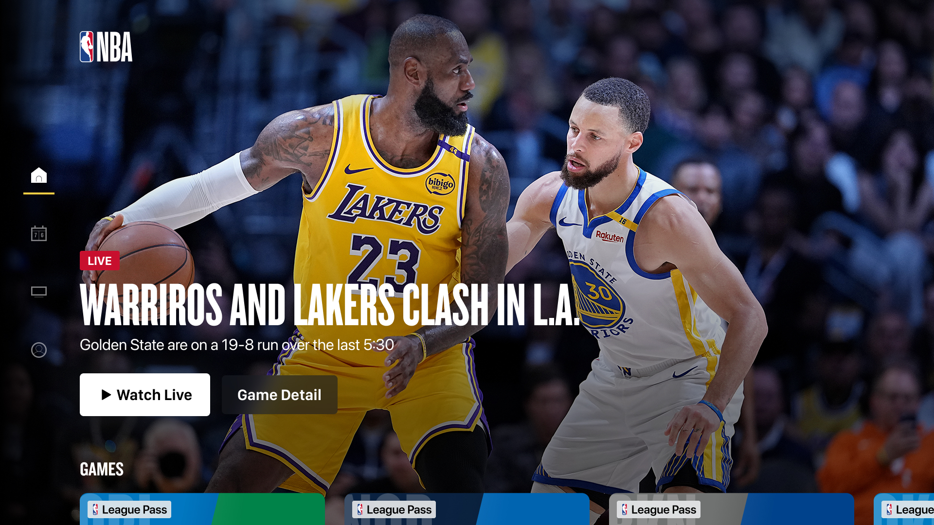NBA Roku app home screen with a live game hero